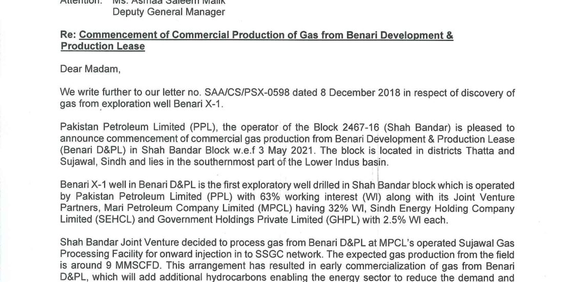 Mari Petroleum and PPL announce commencement of natural gas from Shah Bandar Block