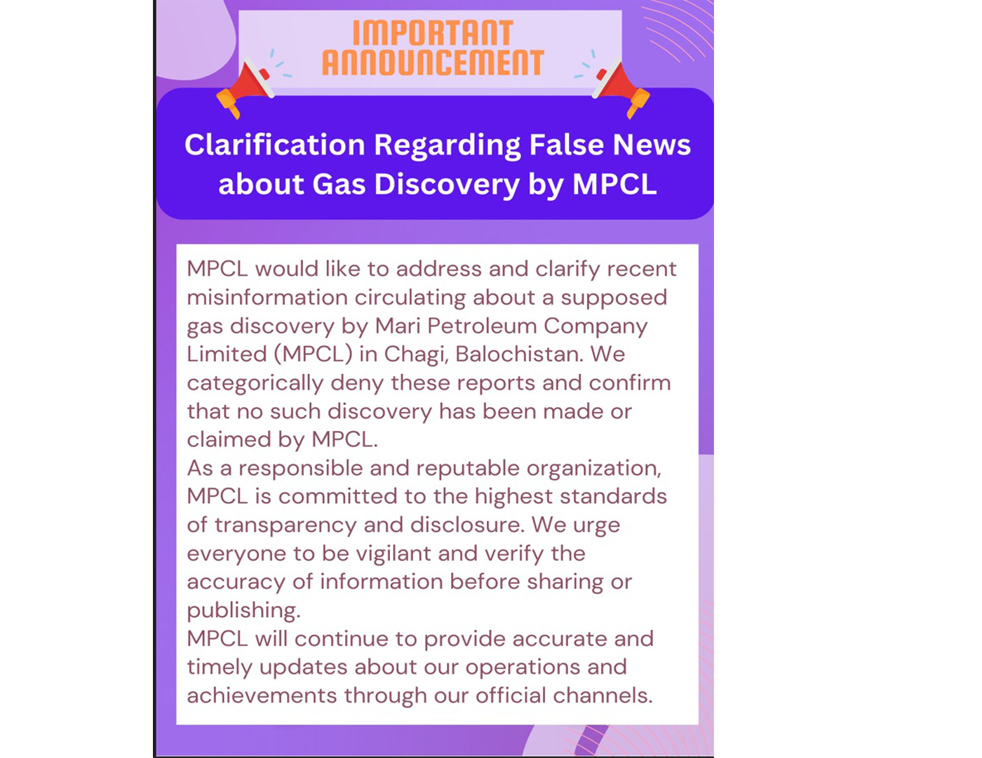 Clarification Regarding False News about Gas Discovery by MPCL